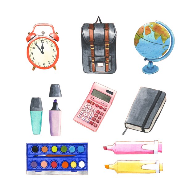 Set of isolated watercolor school bag, calculator, clock illustration for decorative use.