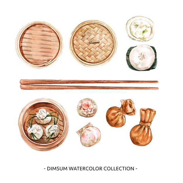 Set of isolated watercolor steamed bun, dumpling illustration for decorative use.