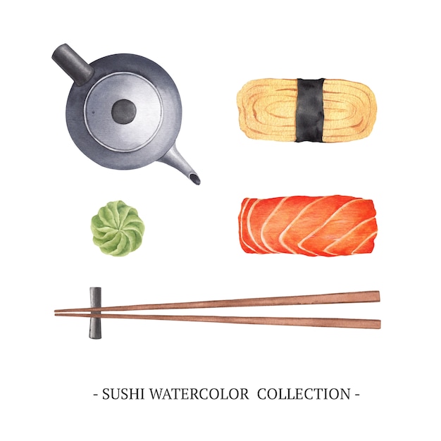 Insieme dell'illustrazione isolata dei sushi dell'acquerello su fondo bianco.