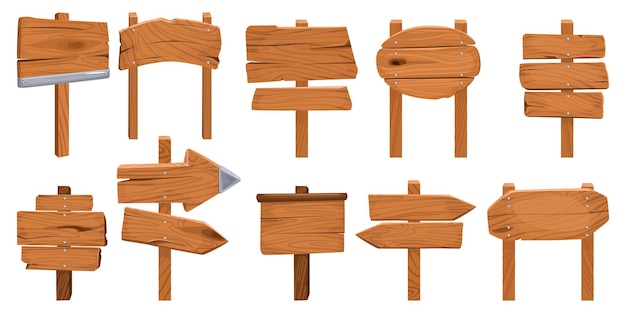 Набор изолированных деревянных вывесок с деревянными пластинами на столбах с указаниями и гравировкой текста иллюстрации