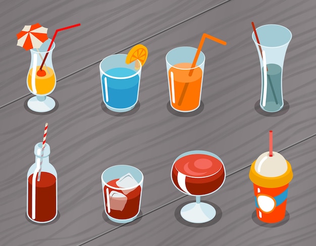 Set of isometric  3d drinks icons. cocktail alcohol, liquid and juice, tropical fresh