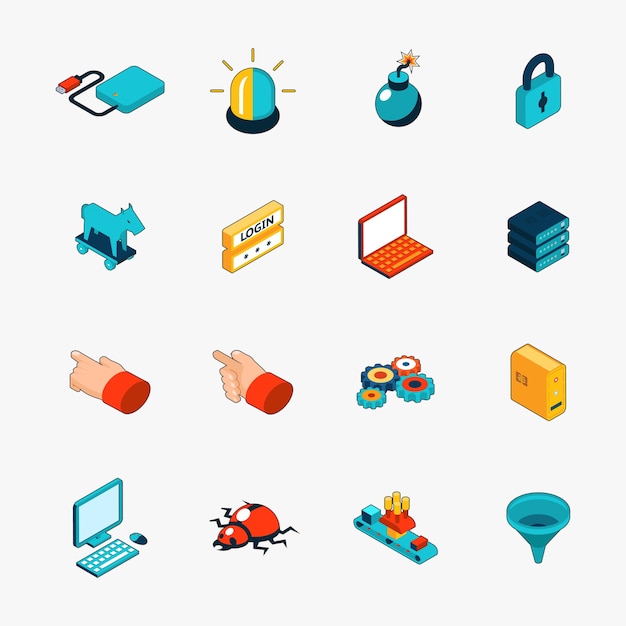 Free vector set of isometric 3d internet security web icons. login and password, trojan and virus and warning.