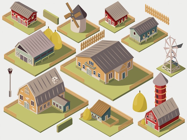 Free vector set of isometric farms with mills barn and silo hay fence