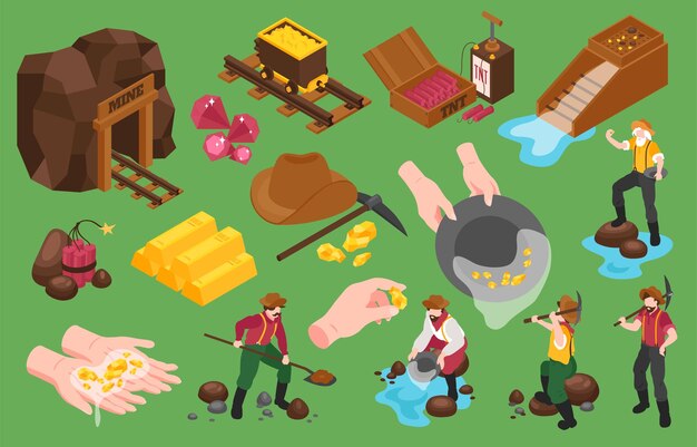 Set of isometric gold mining icons and isolated images of gold extraction with workers and tools vector illustration