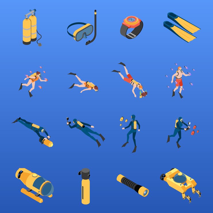 Free Vector set of isometric icons human characters with scuba diving equipment isolated vector illustration