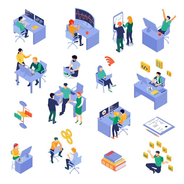 set of isometric icons programmers at work place during coding debugging or software testing isolated