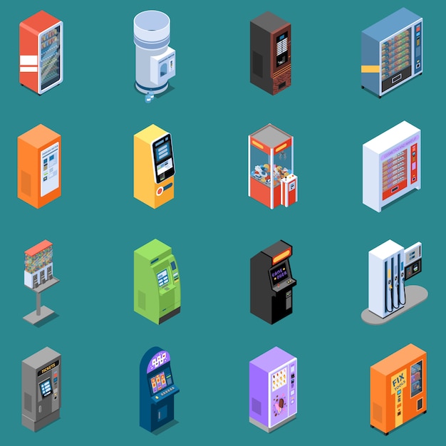 Free vector set of isometric icons with various vending machines isolated vector illustration