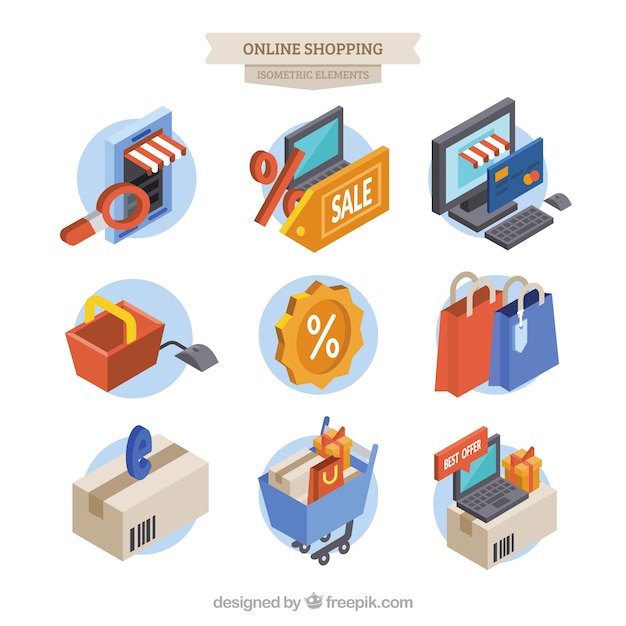 Free vector set of isometric online shopping items