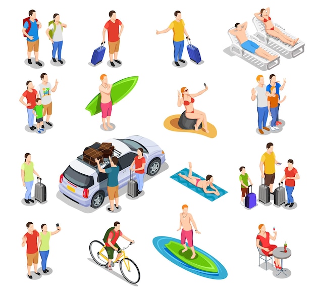 Vettore gratuito insieme della gente isometrica durante la vacanza che viaggia in macchina praticando il surfing della bicicletta che guida la vacanza della spiaggia isolata