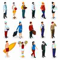 Free vector set of isometric people of various professions in uniform with accessories isolated