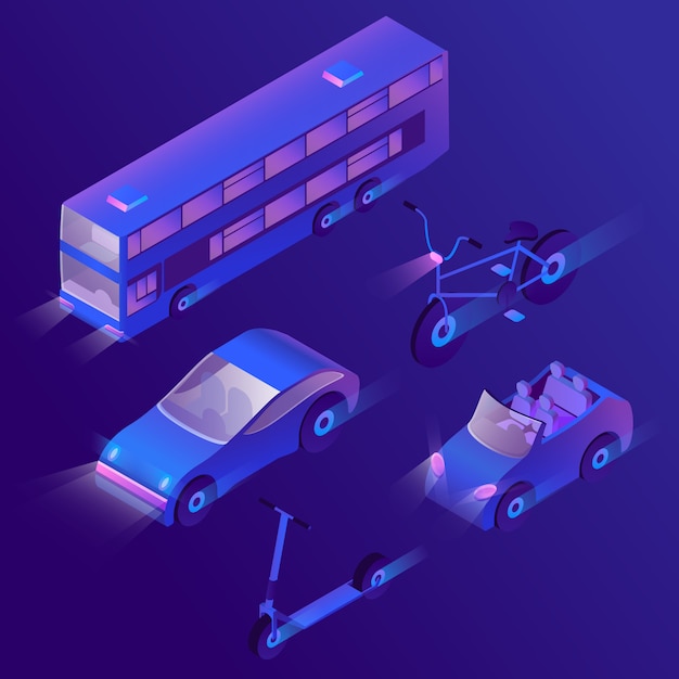 Set of isometric urban passenger transportation at night with turned on headlights.