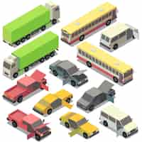 Free vector set of isometric urban transportation. cars with open doors, hood isolated on white background