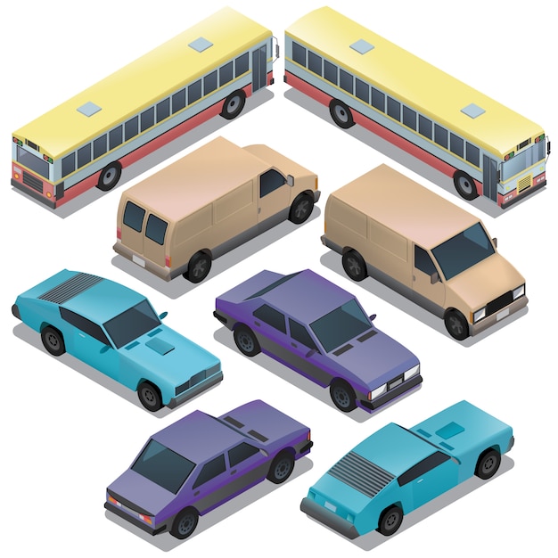 Set of isometric urban transportation. cars with shadows isolated on white background