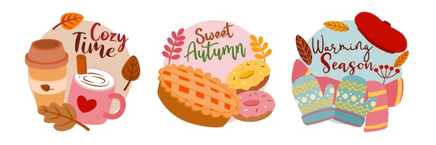 Set of item object for autumn season with letering, flat design for card, banner, sticker, vector illustration