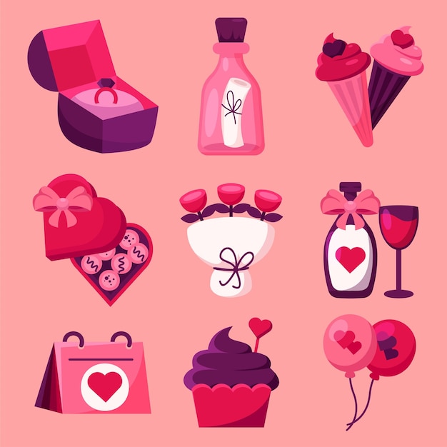 Set of items for the lover in valentine day concept love element drawing cartoon  style flat design vector illustration