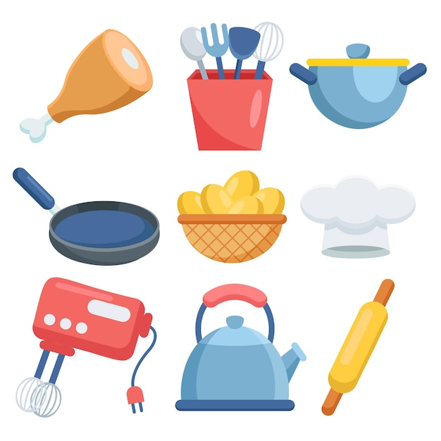 Набор элементов объекта для использования на кухне с едой в мультипликационном дизайне плоской векторной иллюстрации