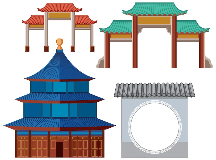 Free Vector set of japanese building architecture isolated