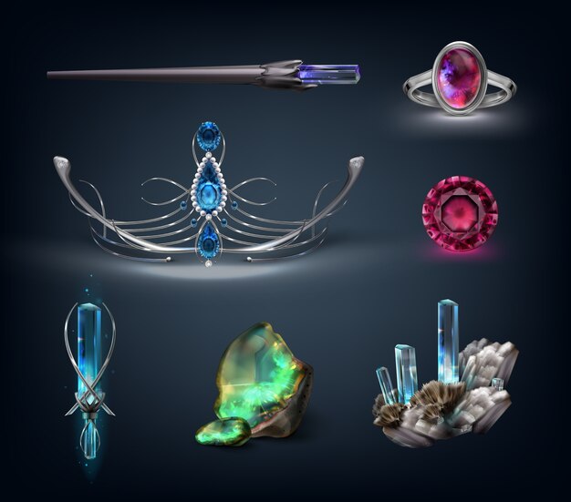 set of jewelry items with gemstones