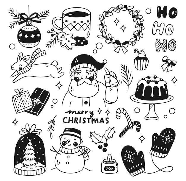 Set of kawaii christmas doodles vector
