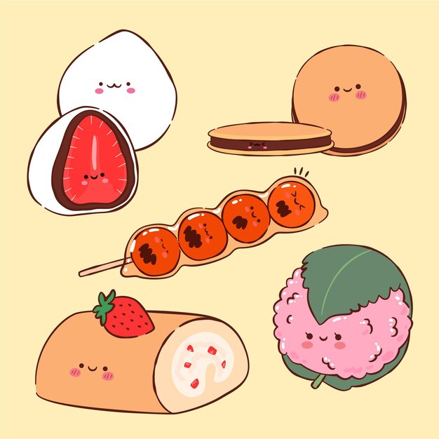 Set of Cute Japanese Style Sweet Emoji Face Desserts Sticker