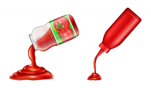 Set of ketchup - in plastic bottle and glass jar in 3d style. Red tomato condiment