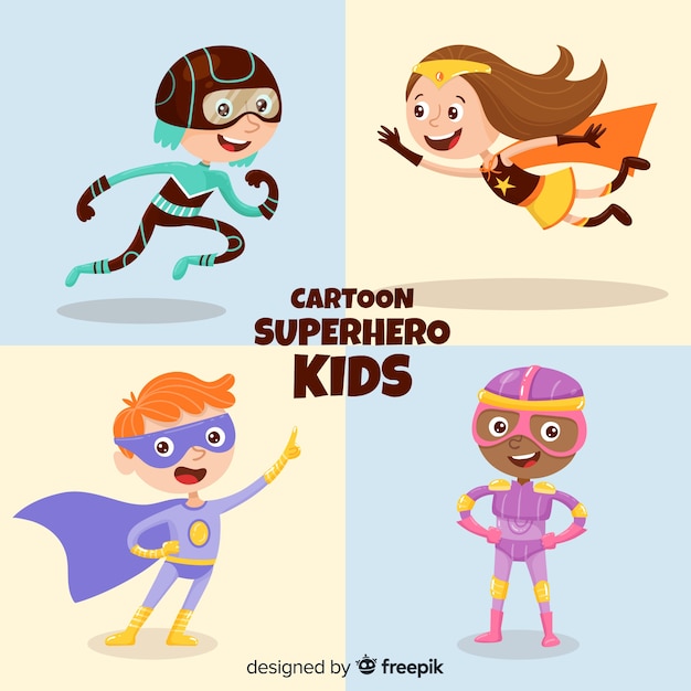 Free vector set of kids dressed as superheroes