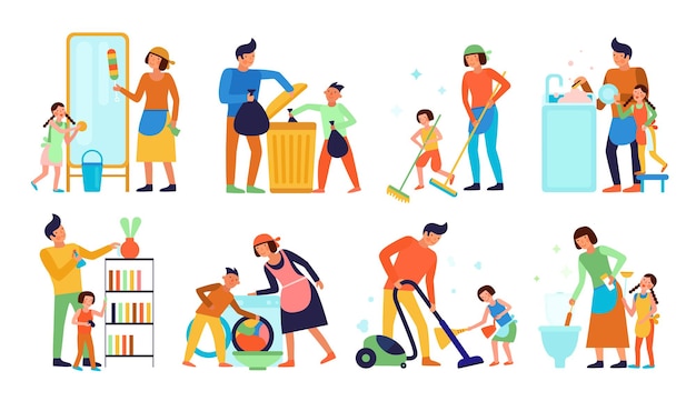 Free vector set of kids helping parents with home cleaning