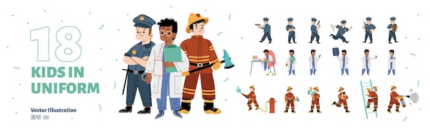 Бесплатное векторное изображение Набор детей в униформе пожарного полицейского врача