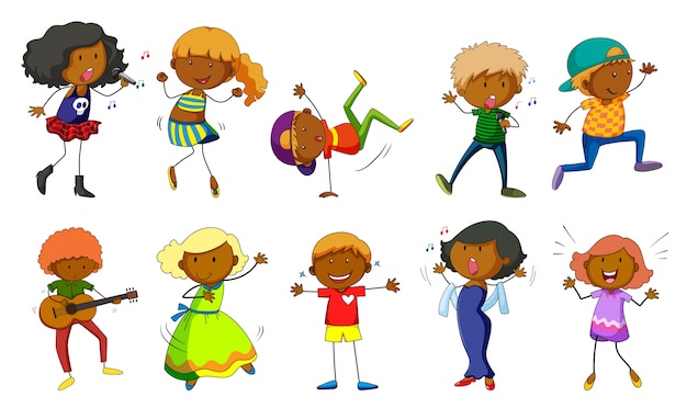 Free vector set of kids singing and dancing illustration