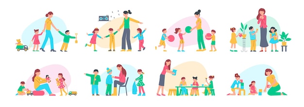 Set of kindergarten color compositions with doodle style human characters of nursery teacher playing with kids vector illustration