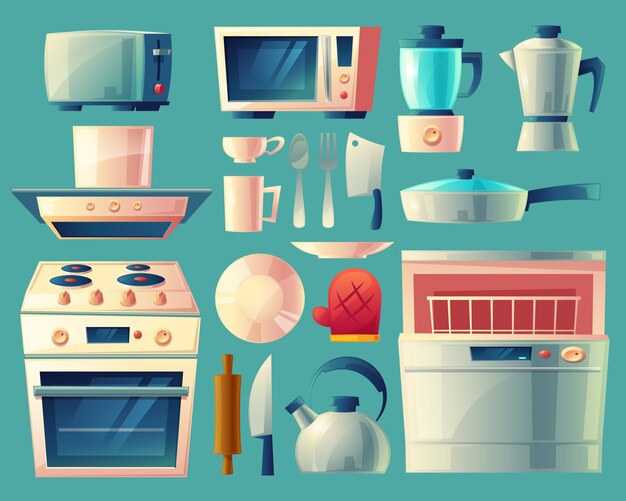 台所用品のセット - 洗濯機、トースター、冷蔵庫、電子レンジ、ケトル