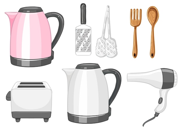 Free vector set of kitchen objects in cartoon style