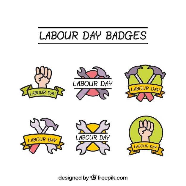 Set of labour day badges in hand drawn style