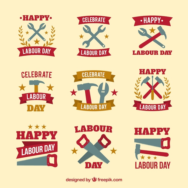 Free vector set of labour day badges with tools in flat style