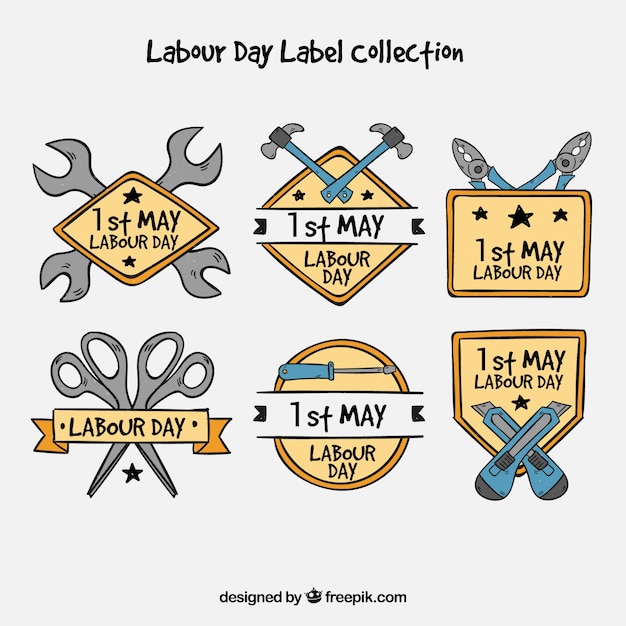 Free vector set of labour day labels in hand drawn style