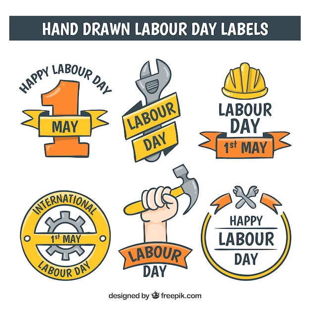 Free vector set of labour day labels in hand drawn style