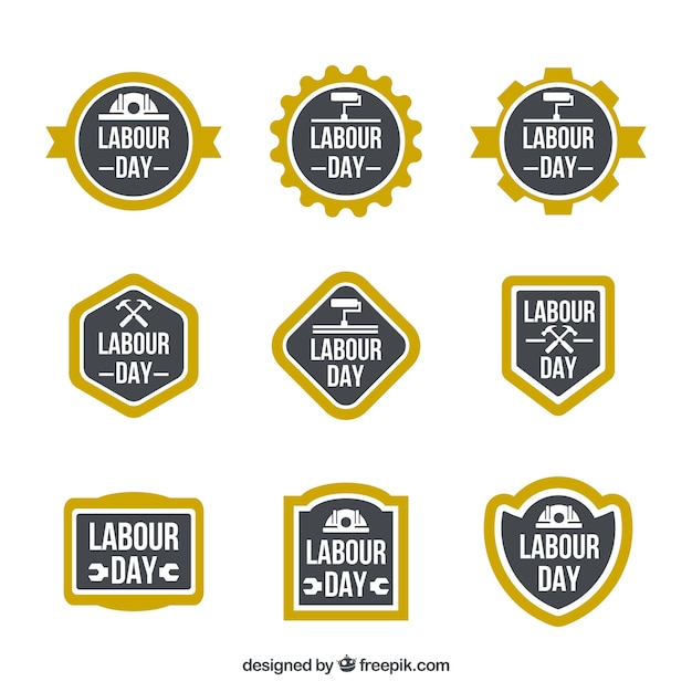 Free vector set of labour day labels with yellow frames