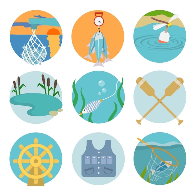 Set of lake paddles catch icons in flat style on color circles vector illustration