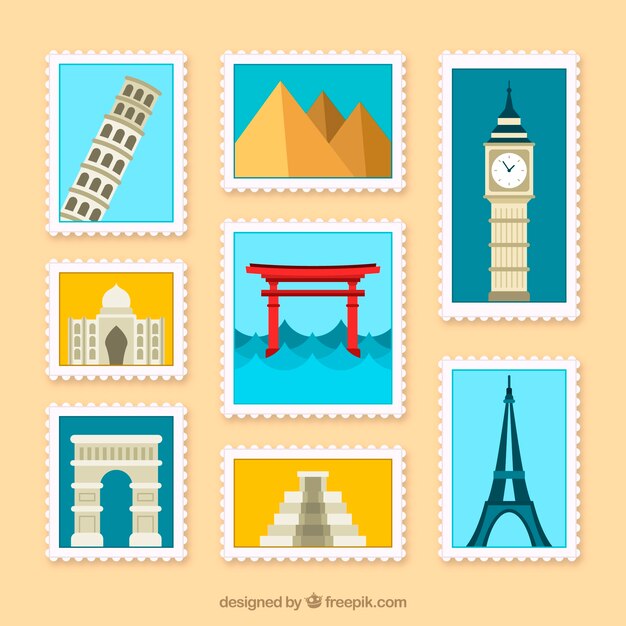 Set of landmark stamps in flat style