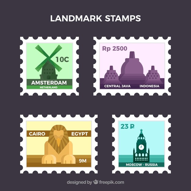 Free vector set of landmark stamps in flat style