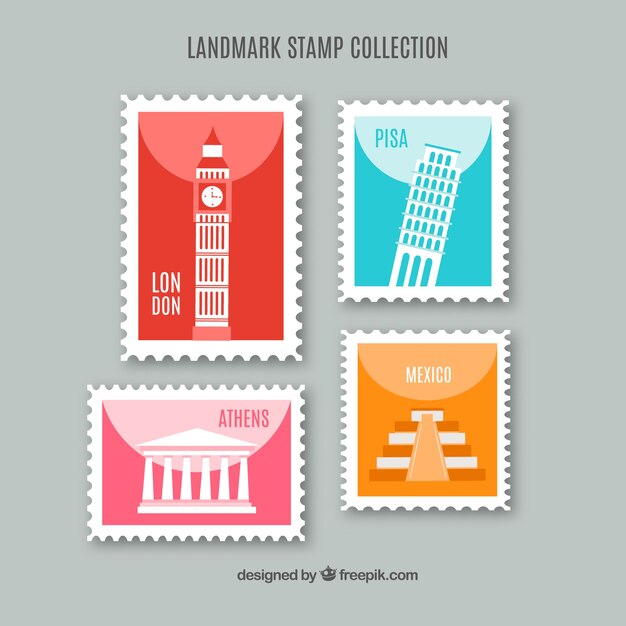 Set of landmark stamps in flat style