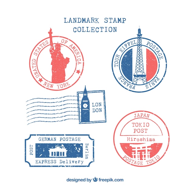 Free vector set of landmark stamps in flat style