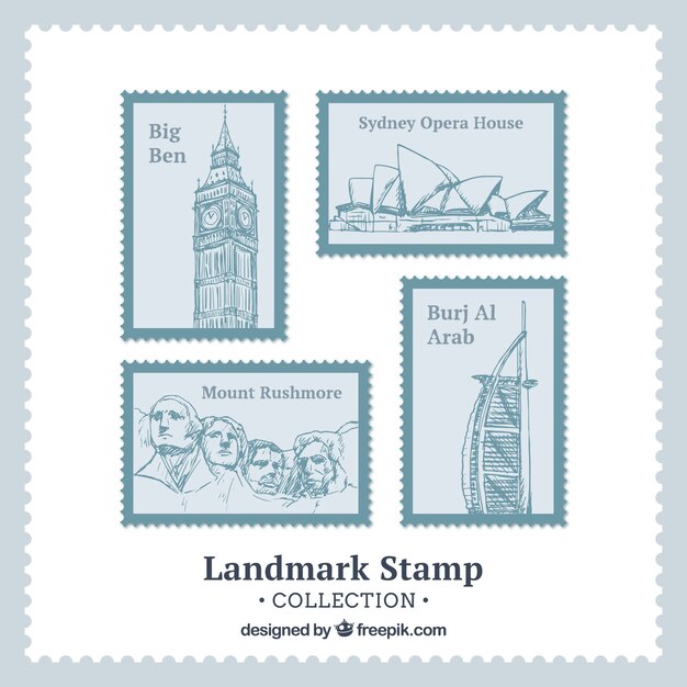 Set of landmark stamps in hand drawn style