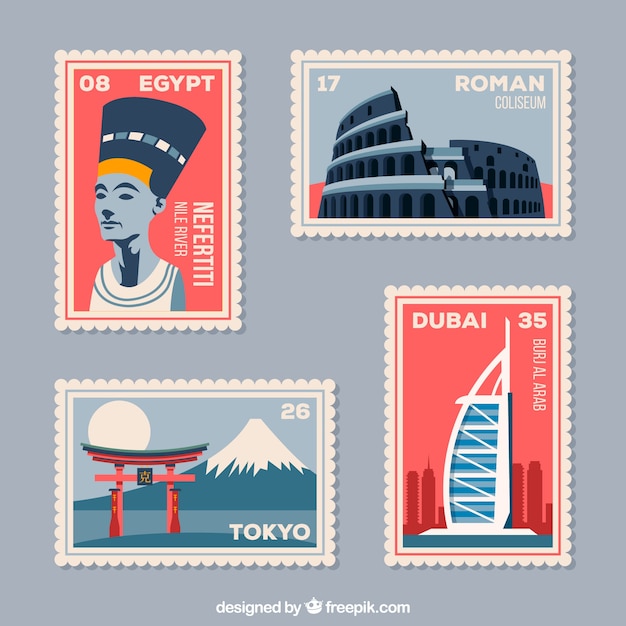 Free vector set of landmark stamps with cities and monuments