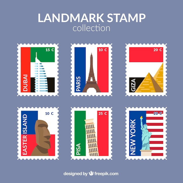 Vettore gratuito set di francobolli punto di riferimento con città e monumenti