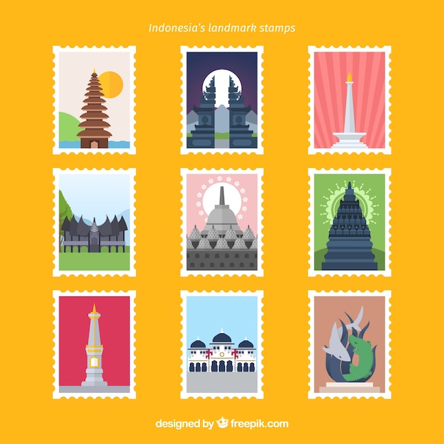 Set of landmark stamps with cities and monuments