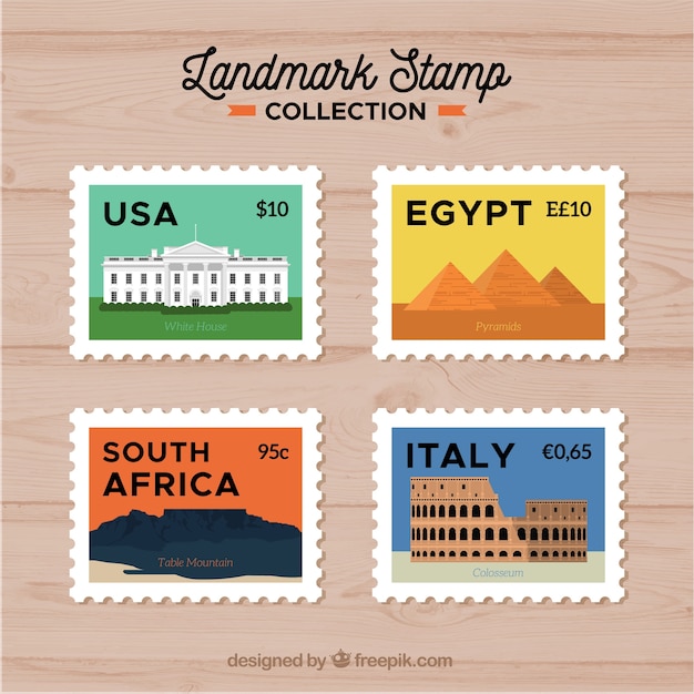 Vettore gratuito set di francobolli punto di riferimento con città e monumenti
