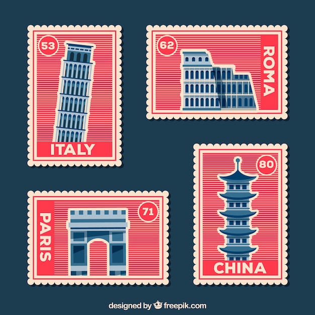 Free vector set of landmark stamps with cities and monuments