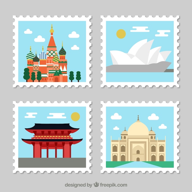 Free vector set of landmark stamps with cities and monuments