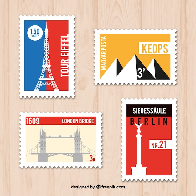 Set of landmark stamps with cities and monuments